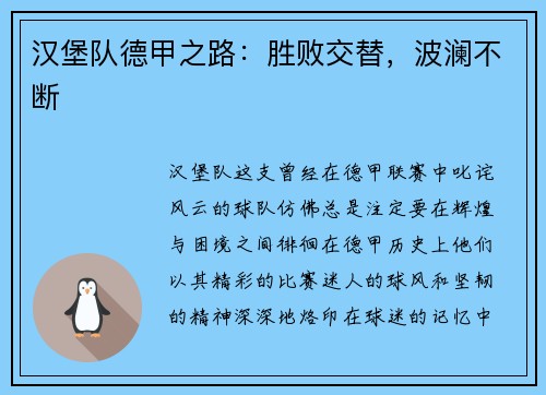 汉堡队德甲之路：胜败交替，波澜不断